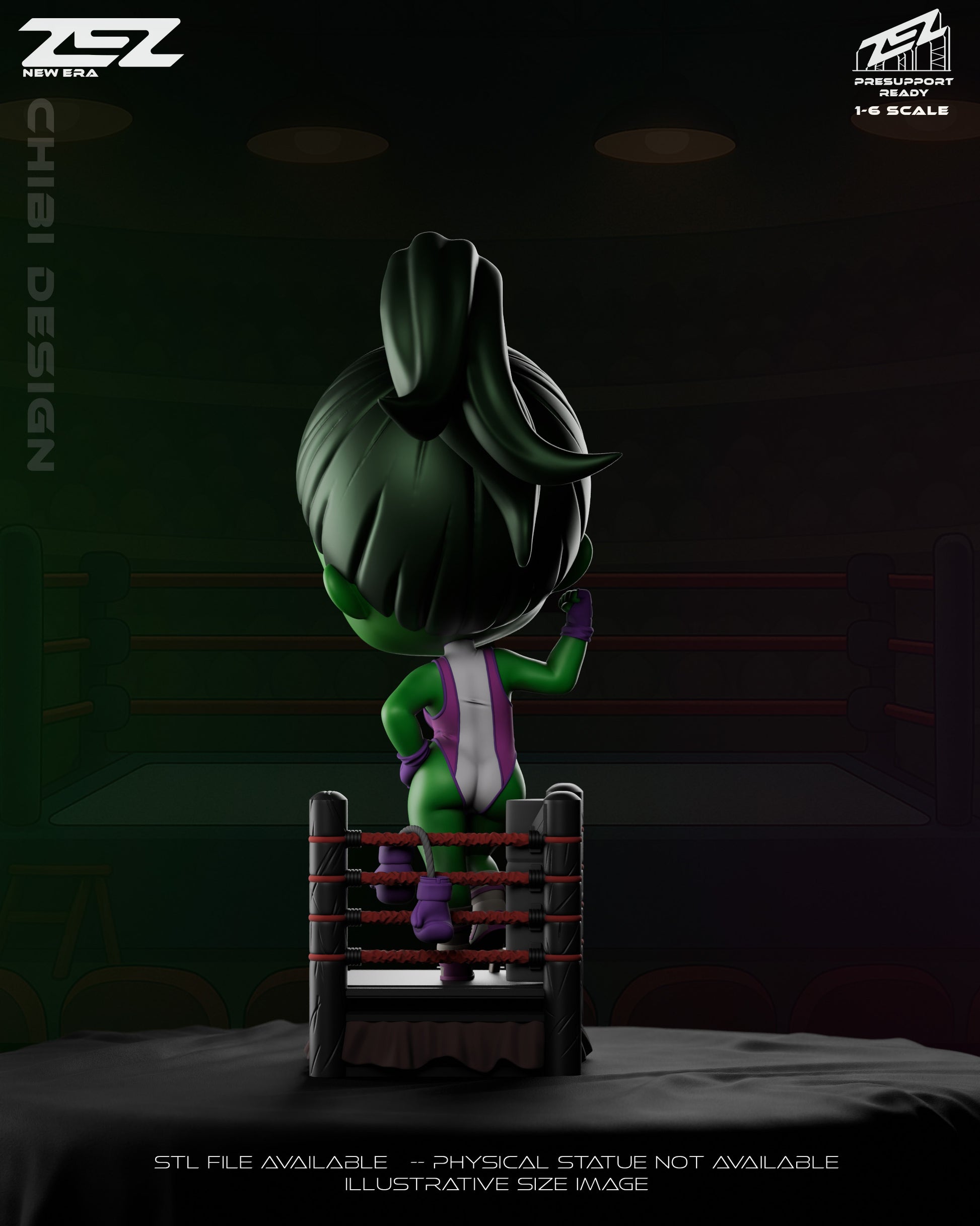 Rear view of Chibi She-Hulk inside the ring, showing her ponytail and gloves hanging on the ropes.