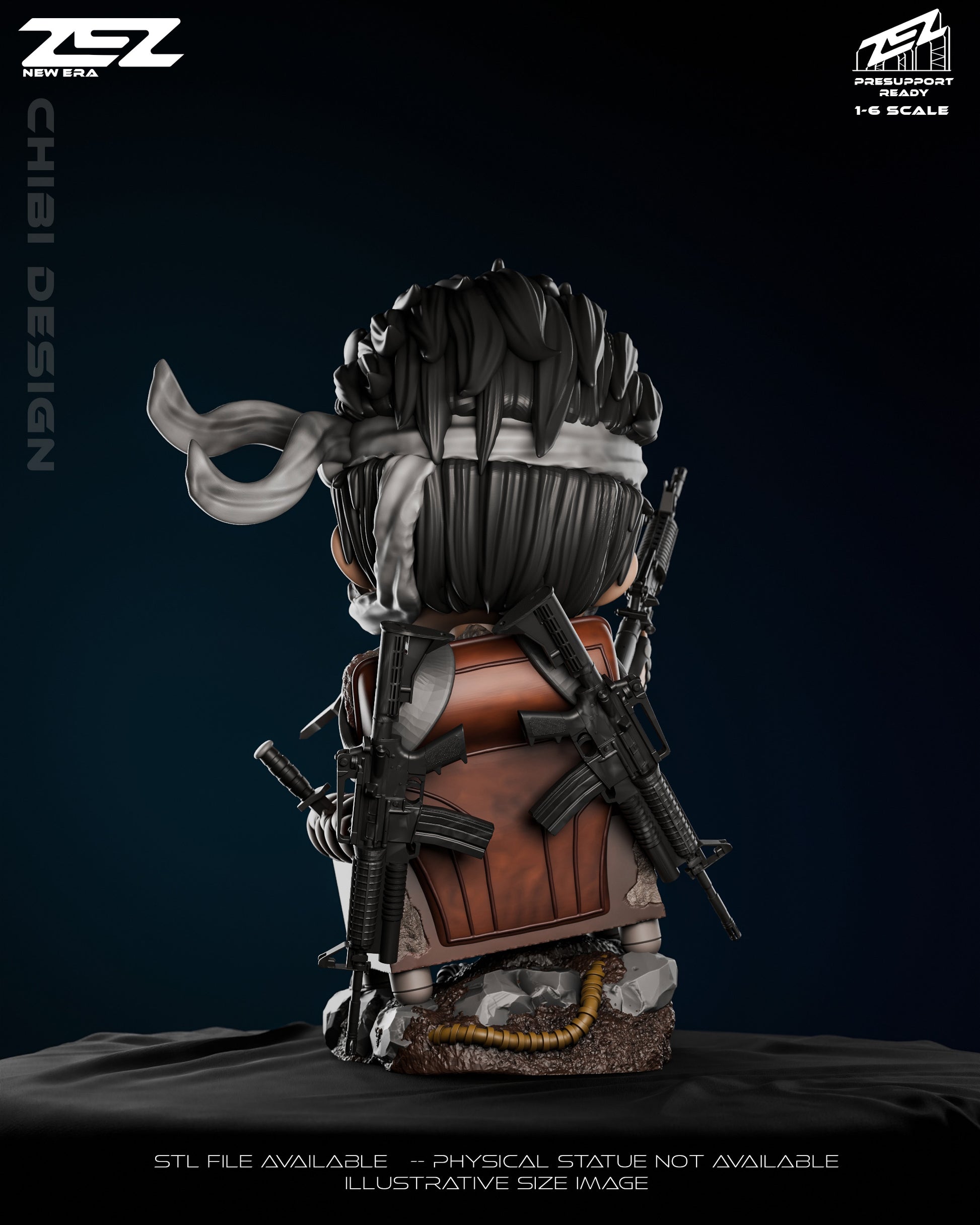 Chibi Punisher collectible figure rear view showing tactical gear, multiple rifles strapped to the chair, stone-textured base, and flowing headband.