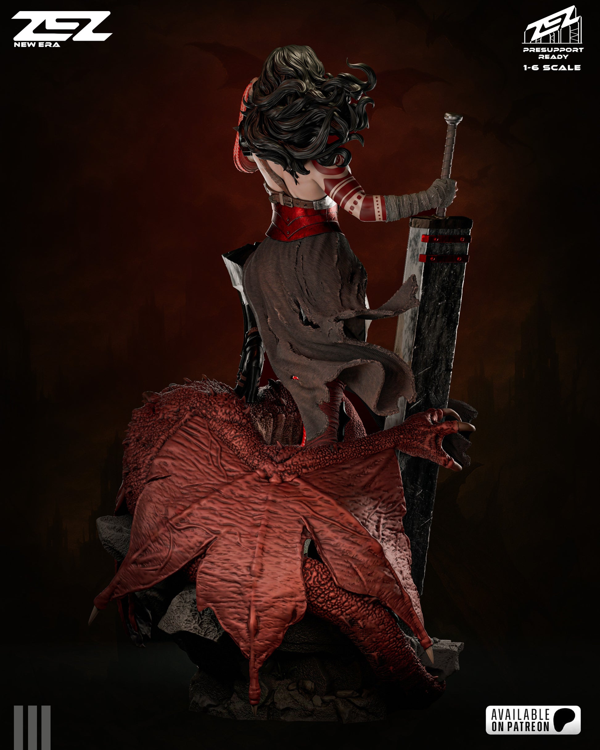 Back view of Absolute Wonder Woman 1:6 scale statue showing her cape, massive sword, and a red dragon at her feet.