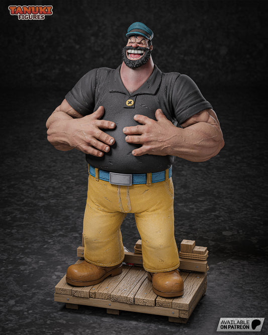 Full-body colored Bluto figure standing on a dock base, hands resting on his belly, wearing yellow pants, boots, and a sailor cap.