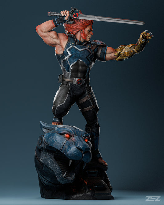 Angled shot of Lion-O statue showing Sword of Omens and Claw Shield from a dynamic pose