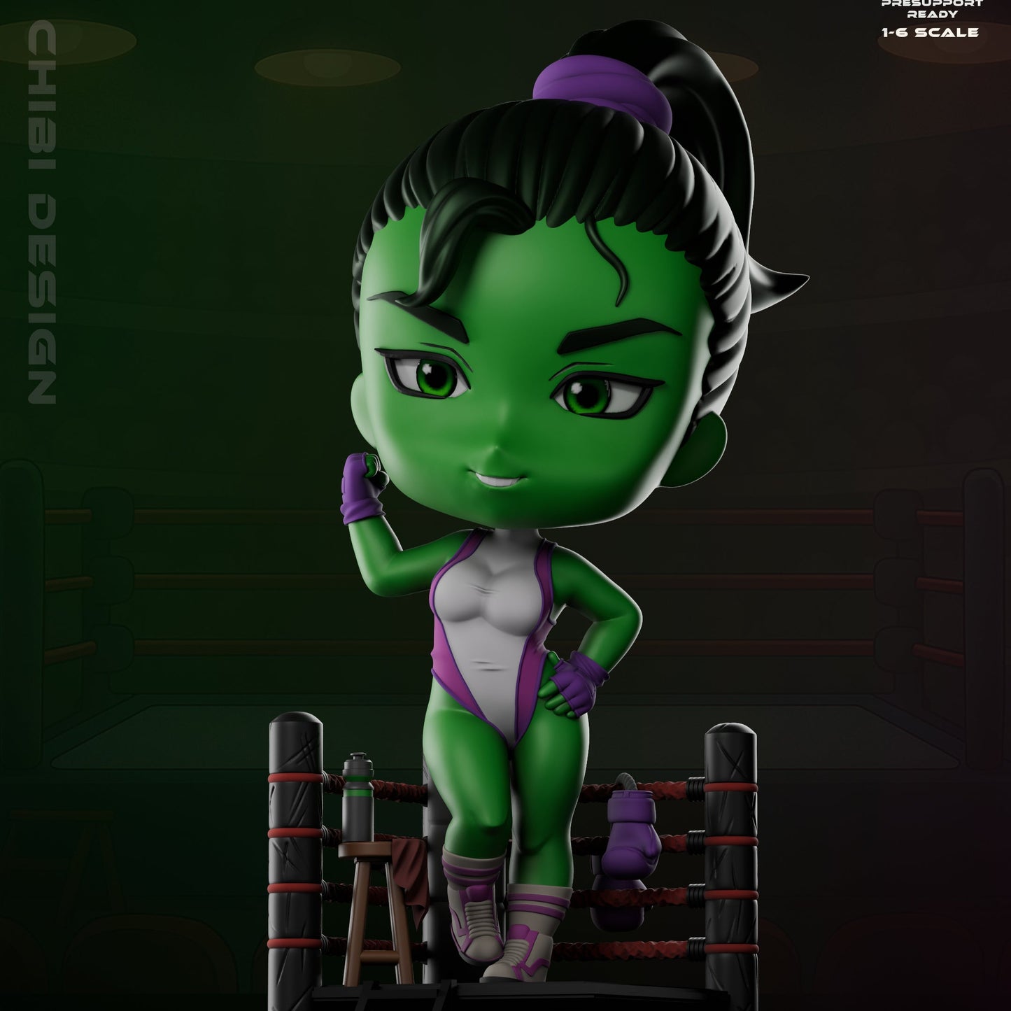 Angled front view of Chibi She-Hulk with a confident smirk, a water bottle and stool beside her, and her gloves hanging behind in the ring corner.