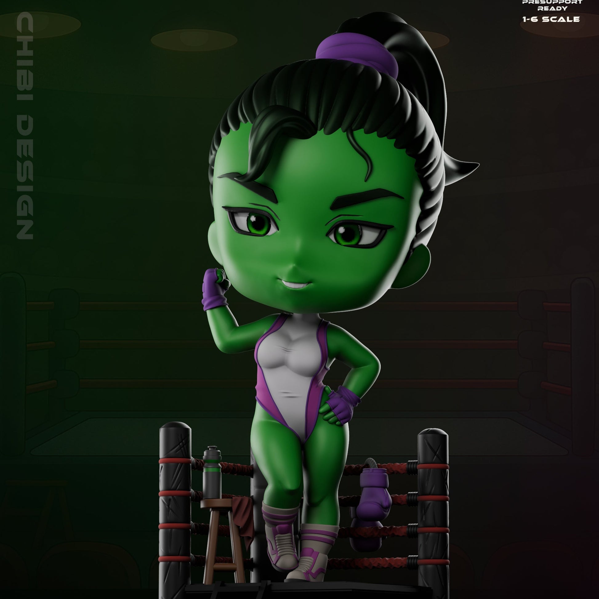 Angled front view of Chibi She-Hulk with a confident smirk, a water bottle and stool beside her, and her gloves hanging behind in the ring corner.