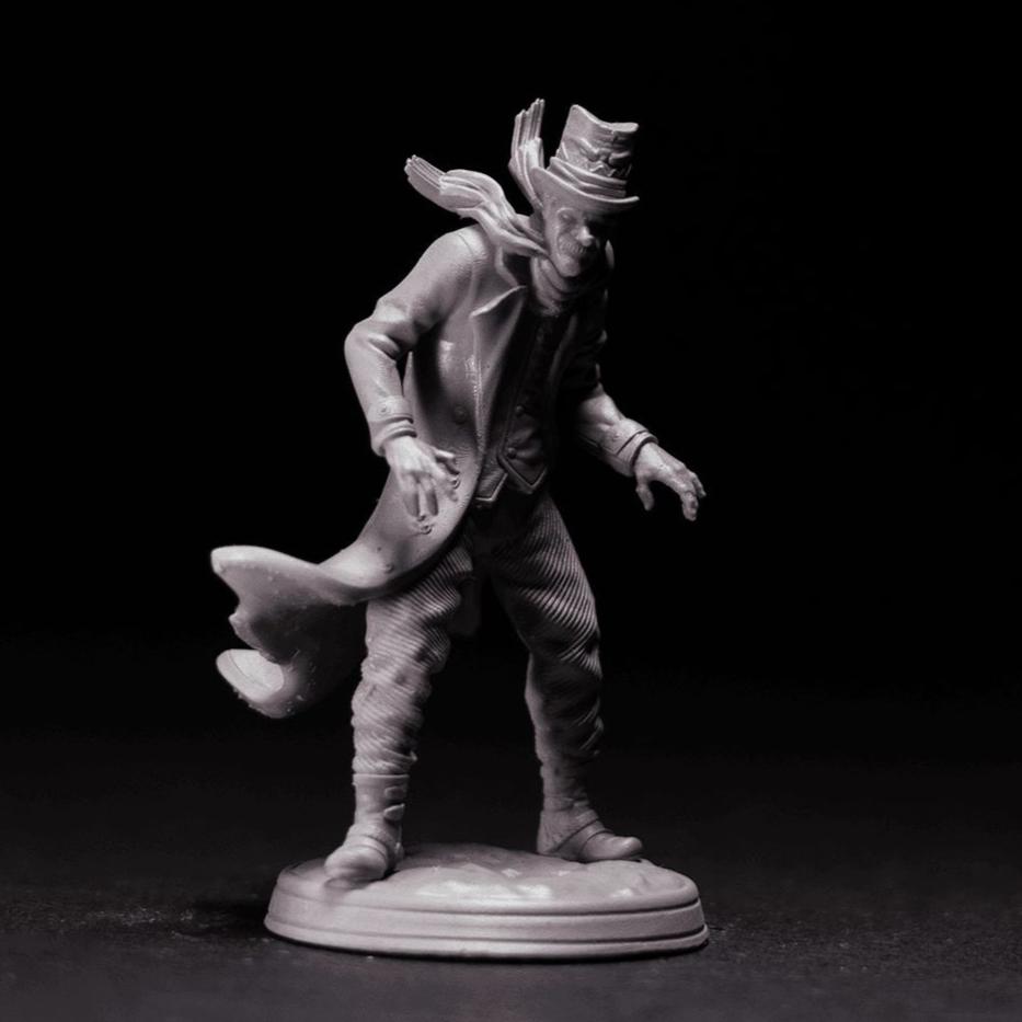 Frosty the Jack Frost miniature depicted in a dynamic pose, wearing a top hat and winter-themed attire with a scarf blowing in the wind, featuring a sinister grin, standing on a textured circular base.