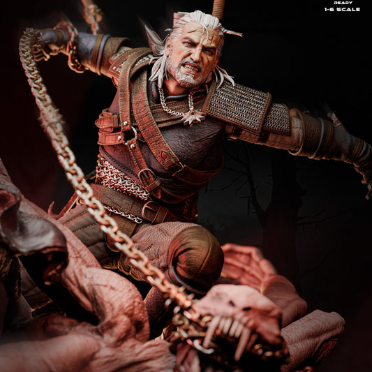 Geralt 1:6 scale statue color-cut render showing him mid-attack against a chained monster, with swords and whip in dynamic battle pose.