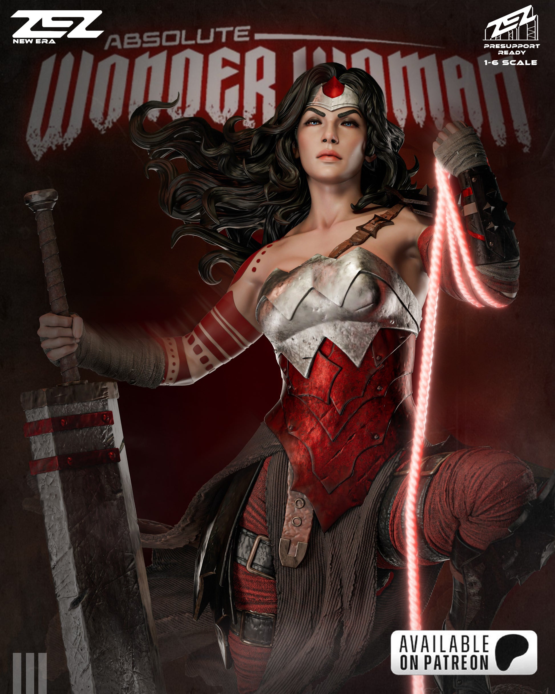 Close-up of Absolute Wonder Woman with a glowing lasso and red battle armor, DC Comics branding in the background.