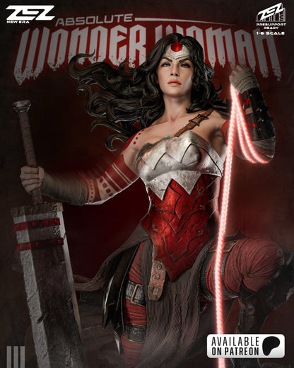 Close-up of Absolute Wonder Woman with a glowing lasso and red battle armor, DC Comics branding in the background.