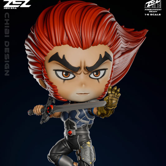 Chibi Lion-O Thundercats collectible figure holding the Sword of Omens, detailed wild hair, armor suit, and heroic stance on themed base.