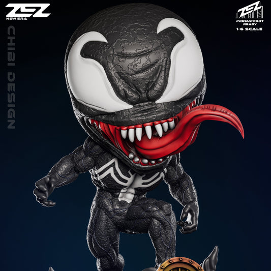 Chibi Venom collectible figure angled view highlighting oversized head, sharp teeth, and sewer base details.