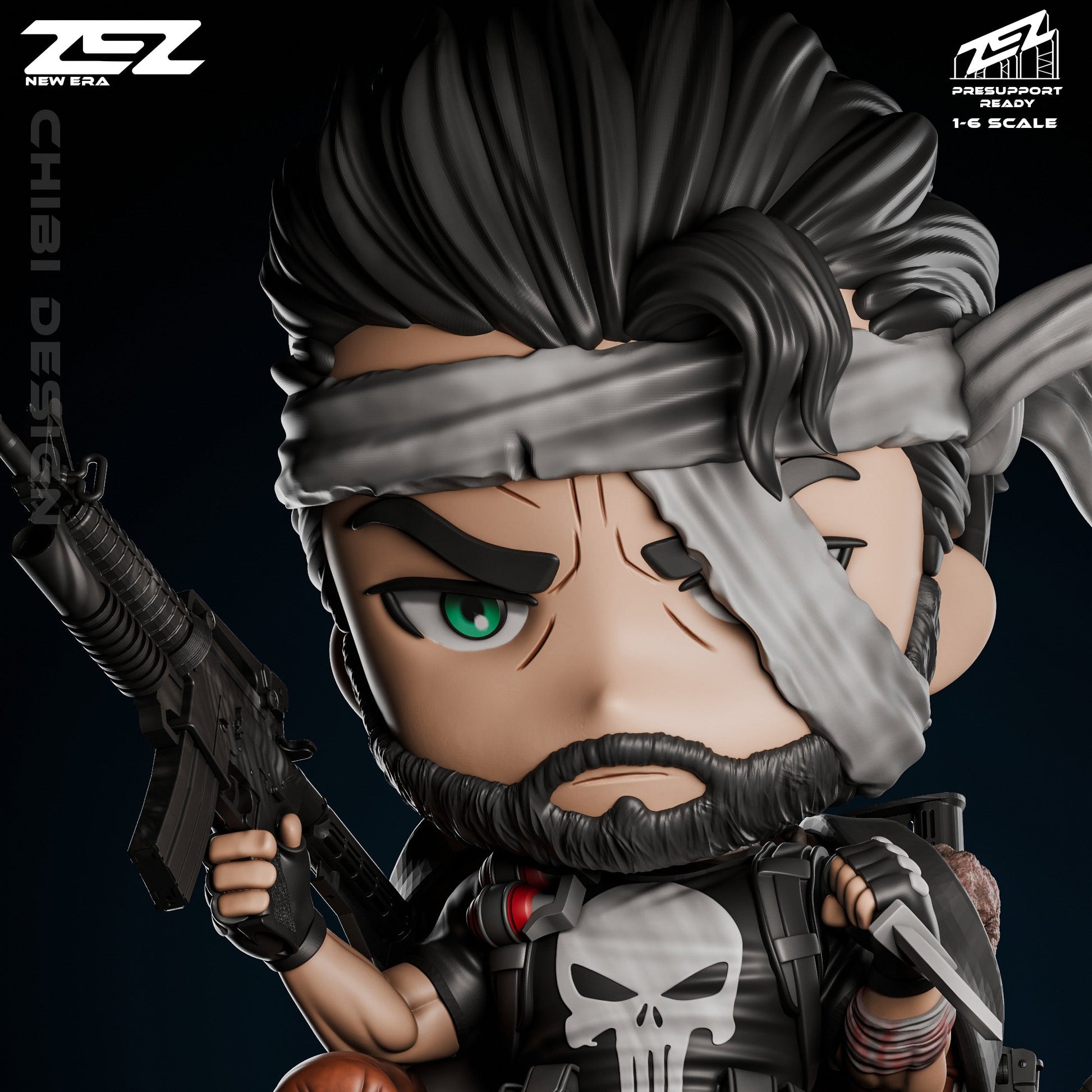Chibi Punisher close-up showing detailed face, wrapped headband, rifle in hand, tactical vest, and skull emblem shirt.