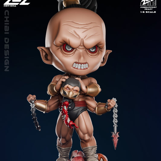 Chibi Goro collectible figure angled view featuring detailed face, clenched fists, and Mortal Kombat emblem base.