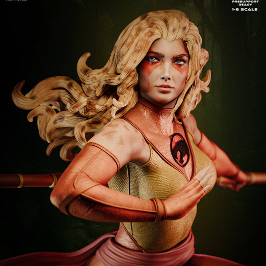 Painted close-up of Cheetara Thundercats 1:6 scale bust with flowing hair, staff, and fierce facial expression collectible