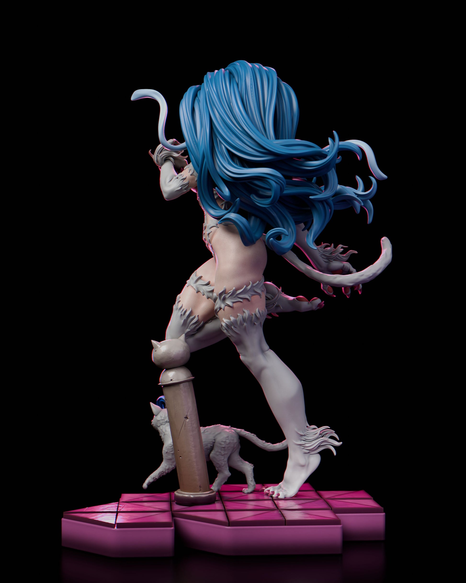Felicia Darkstalkers collectible figure rear view, catwoman pose with tail and dynamic hair sculpt on base
