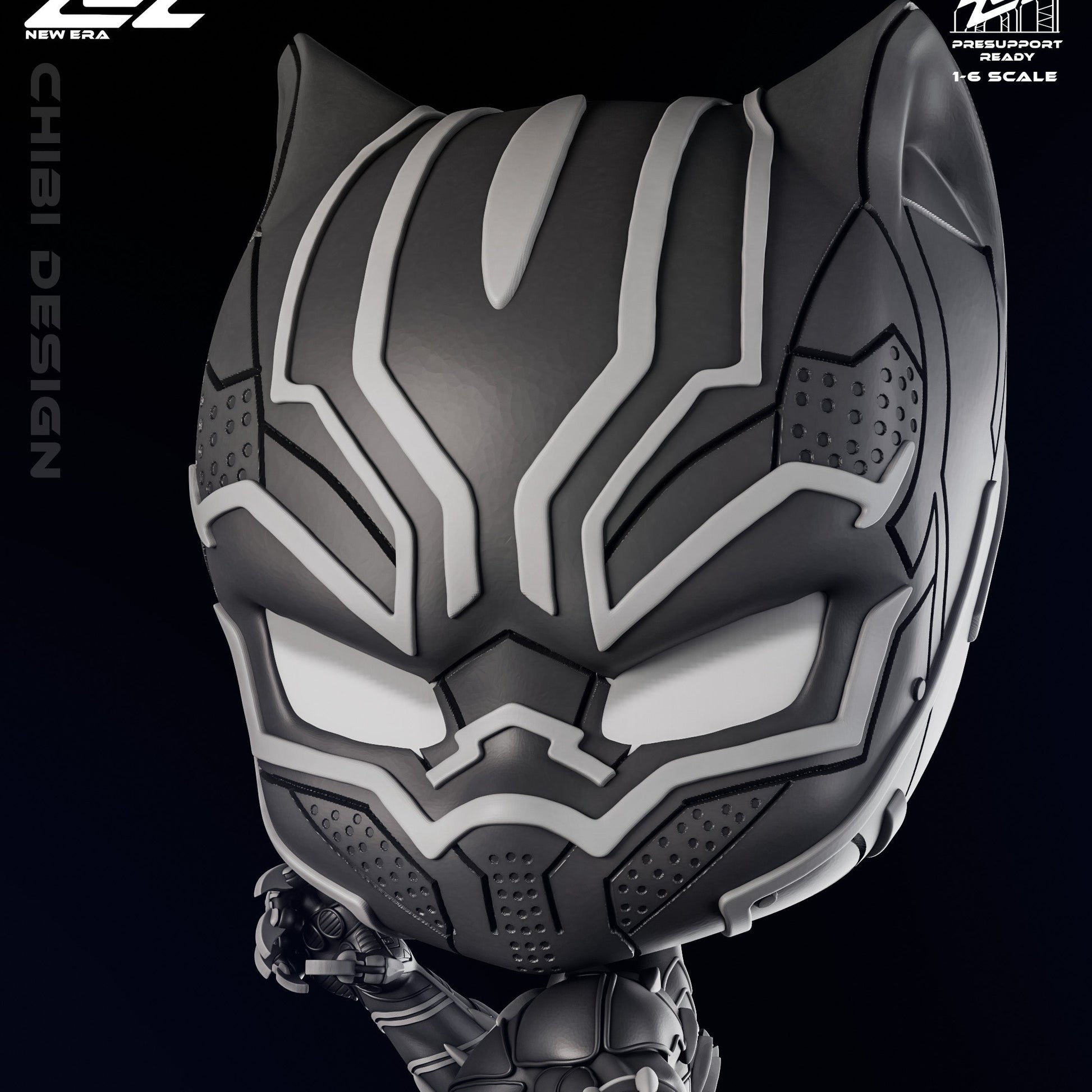 Chibi Black Panther Marvel collectible close-up showing panther helmet eye shapes and suit panel lines