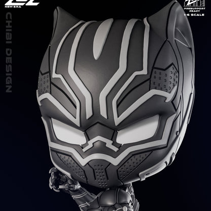 Chibi Black Panther Marvel collectible close-up showing panther helmet eye shapes and suit panel lines