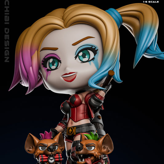 Chibi Harley Quinn DC Comics collectible figure front view with mallet and hyenas