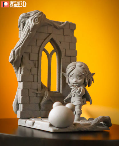 Unpainted Zelda diorama with stone bricks, twisted vines, and dynamic pose.
