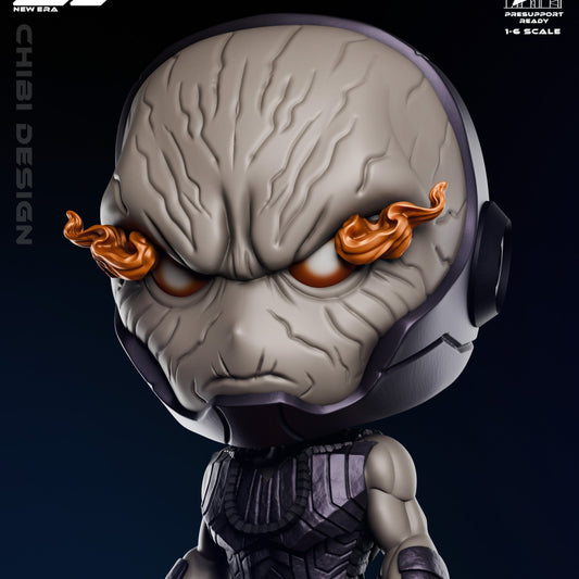 Chibi Darkseid close-up with oversized head, fiery eyes, and menacing expression