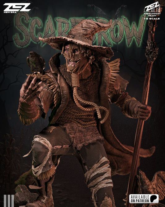 Scarecrow close-up promotional render featuring menacing grin, tattered hat, and glowing eyes.