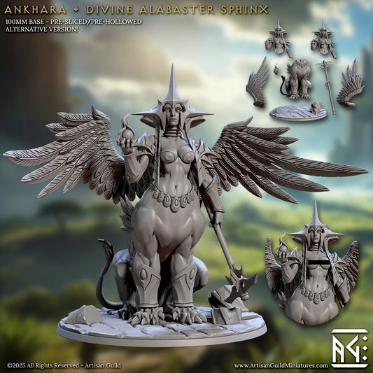 Ankhara divine alabaster sphinx miniature, female sphinx guardian, winged mythic creature, humanoid upper body with leonine form, staff weapon, fantasy tabletop miniature
