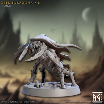 Zeek Burrower B miniature showing an upright alien beast with curved claws and a plated shell – suitable for Dungeons & Dragons or Pathfinder campaigns.
