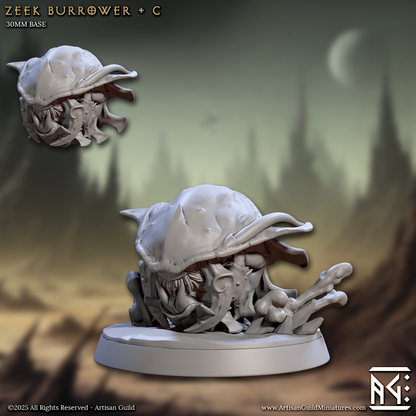Zeek Burrower C miniature depicting a compact alien creature with curled limbs and a hardened shell – Artisan Guild monster model for tabletop play.