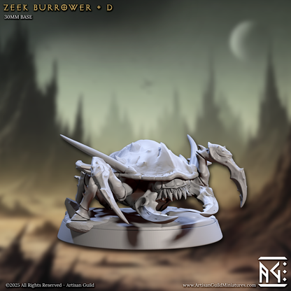 Zeek Burrower D miniature showing a crab-like alien with armored legs and clawed pincers – fantasy and sci-fi terrain encounter miniature.