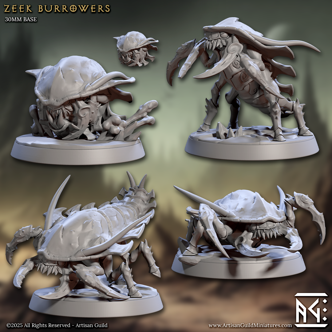 Group image of Zeek Burrowers A–D miniatures featuring multiple alien insectoid forms with sharp appendages and detailed bases – Artisan Guild monster collection.
