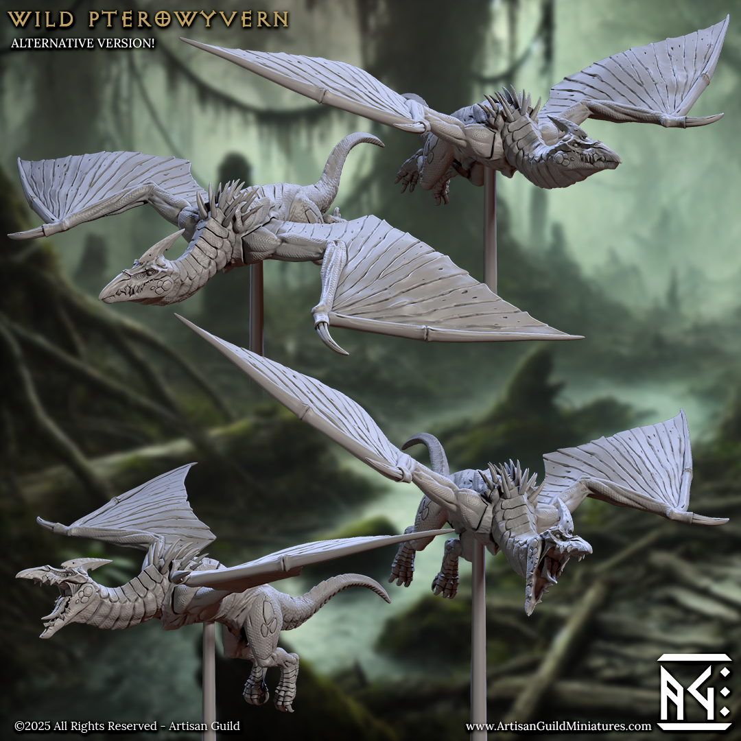 Wild Pterowyverns with no riders, depicted in feral, airborne poses ready to strike mid-flight.
