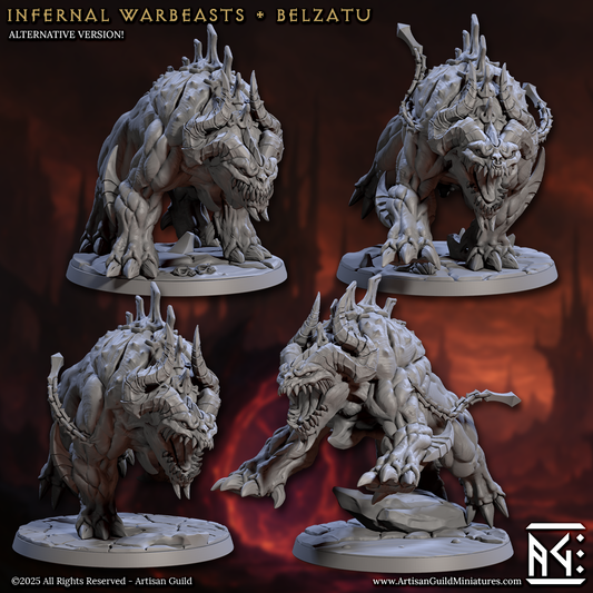 Collage of four Infernal Warbeast Belzatu miniatures without riders, showing muscular horned creatures with snarling faces and thick tails.