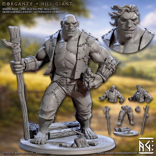 Morgante hill giant miniature holding a wooden club, massive humanoid brute wearing stitched leather clothing, barefoot giant warrior posed aggressively for Dungeons and Dragons encounters