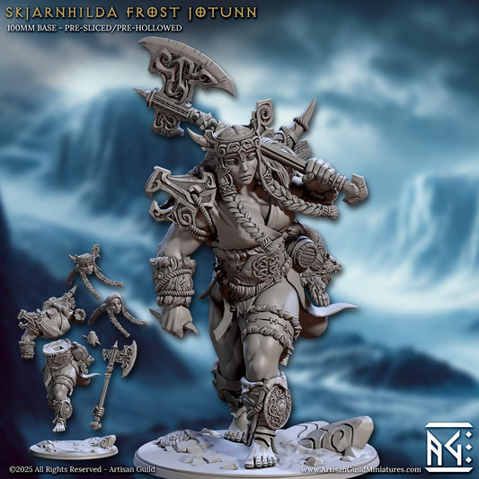 Skjarnhilda Frost Jotunn giant miniature wielding a massive axe, clad in Nordic runic armor for D&D and Pathfinder RPGs