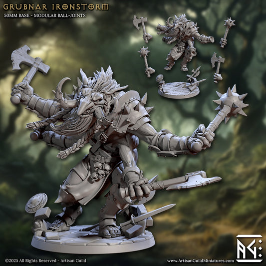 Grubnar Ironstorm troll warlord miniature in battle pose wielding mace and axe with spiked armor and stone base – fantasy tabletop model for D&D and Warhammer.