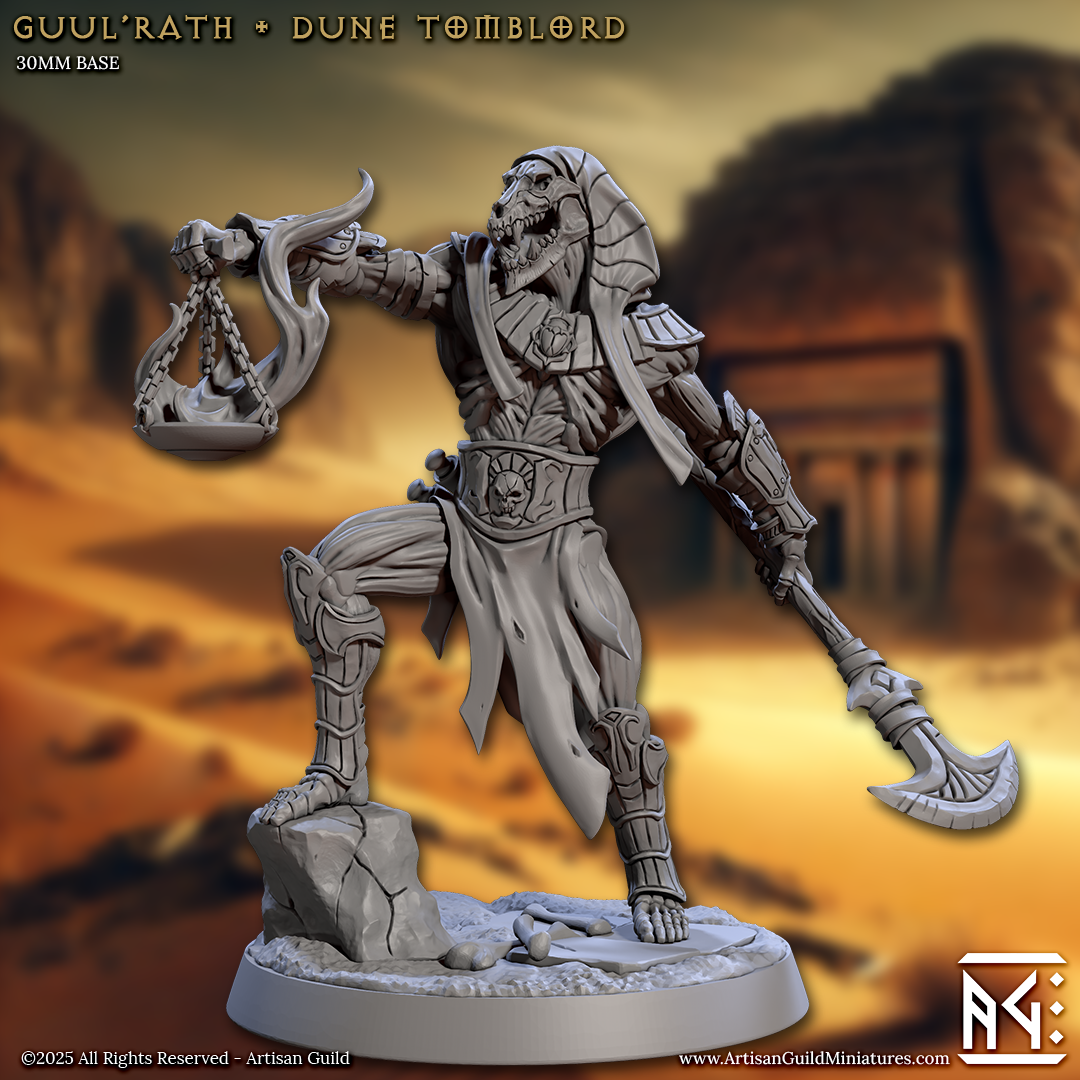 Undead desert warlord miniature with jackal skull head, ornate armor, wielding a curved axe and flaming censer, posed with one foot on a rock over a skeletal base, perfect for fantasy TTRPGs.