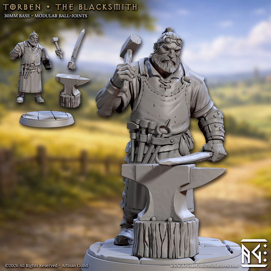 Torben blacksmith miniature holding a hammer beside an anvil, stocky humanoid craftsman wearing work apron and tools, fantasy town npc for dungeons and dragons