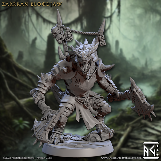 Zarrkan Bloodjaw lizardfolk miniature roaring with open jaws, armed with clawed gauntlets and jagged weapons, wearing tribal armor and bone trophies.
