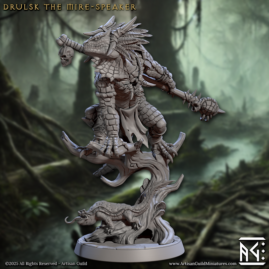 Drulsk the Mire-Speaker miniature posed atop twisted swamp roots, holding a skull-tipped staff with outstretched claw and spiked tail, wearing tribal shamanic gear.