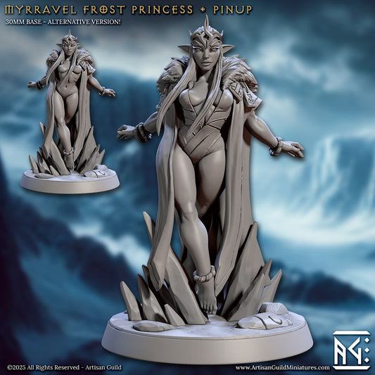 Myrravel Frost Princess pinup miniature posed with flowing cape, crown, and icy base for fantasy RPGs like Dungeons & Dragons and Pathfinder