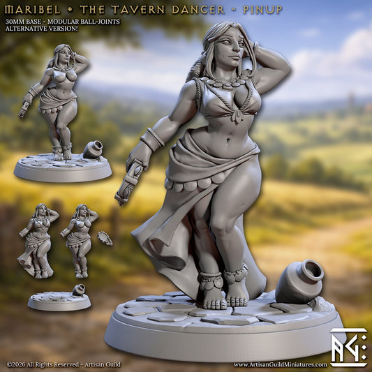 Maribel tavern dancer pinup miniature posed mid-step with flowing skirt, jewelry, bare feet, and confident stance for fantasy roleplaying tavern scenes