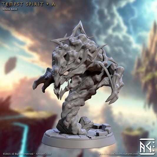 The Tempest Spirits are swirling elemental horrors with jagged lightning-like features and storm-forged forms. Each 30mm base miniature captures a unique pose, perfect for summoning chaotic energy in Dungeons & Dragons, Pathfinder, or other fantasy TTRPG encounters.