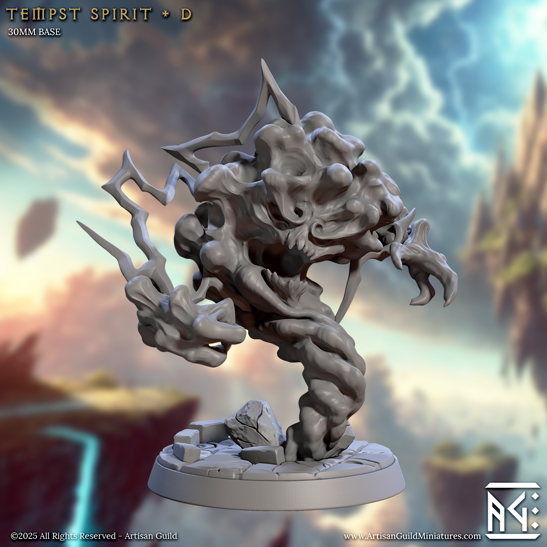 Tempest Spirit figure with a hunched, feral stance, twisting clouds forming claws and jagged storm spikes along its body.