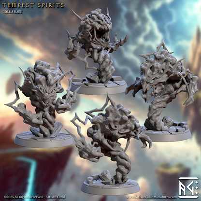 Group of four Tempest Spirit miniatures on 30mm bases, each featuring a unique swirling stormform with jagged lightning elements and monstrous faces. These elemental creatures are ideal for representing air or storm spirits in fantasy TTRPGs like Dungeons & Dragons or Pathfinder.