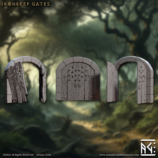 Group image of three Ironkeep Gates terrain miniatures showing closed, half-broken, and open wooden doors within stone arches – Artisan Guild fantasy terrain for D&D and Warhammer.