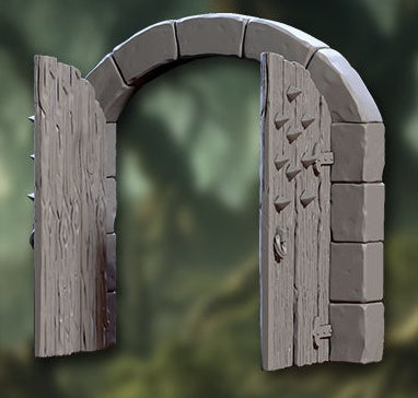 Open Ironkeep Gate miniature showing partially ajar door and visible stone arch frame – tabletop RPG scenery prop.