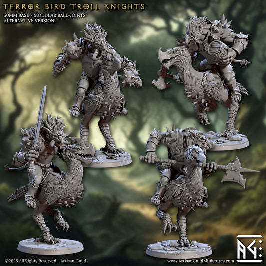 Terror Bird B miniature showing armored bird with troll knight rider holding sword and shield – fantasy mount model for tabletop RPGs.