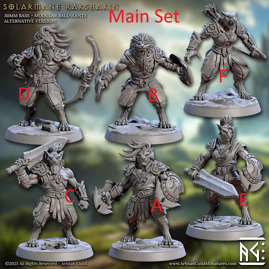 Rakshakin Warriors group image showing multiple beastfolk infantry poses with axes, shields, and heavy blades, muscular anthropomorphic fighters in layered armor on round bases, feral melee units for fantasy tabletop combat