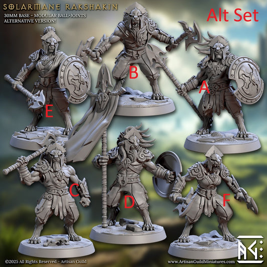 Rakshakin Warriors alternate pose group image showing varied beastfolk infantry loadouts with spears, axes, shields, and heavy blades, modular fantasy warriors designed for aggressive warband customization