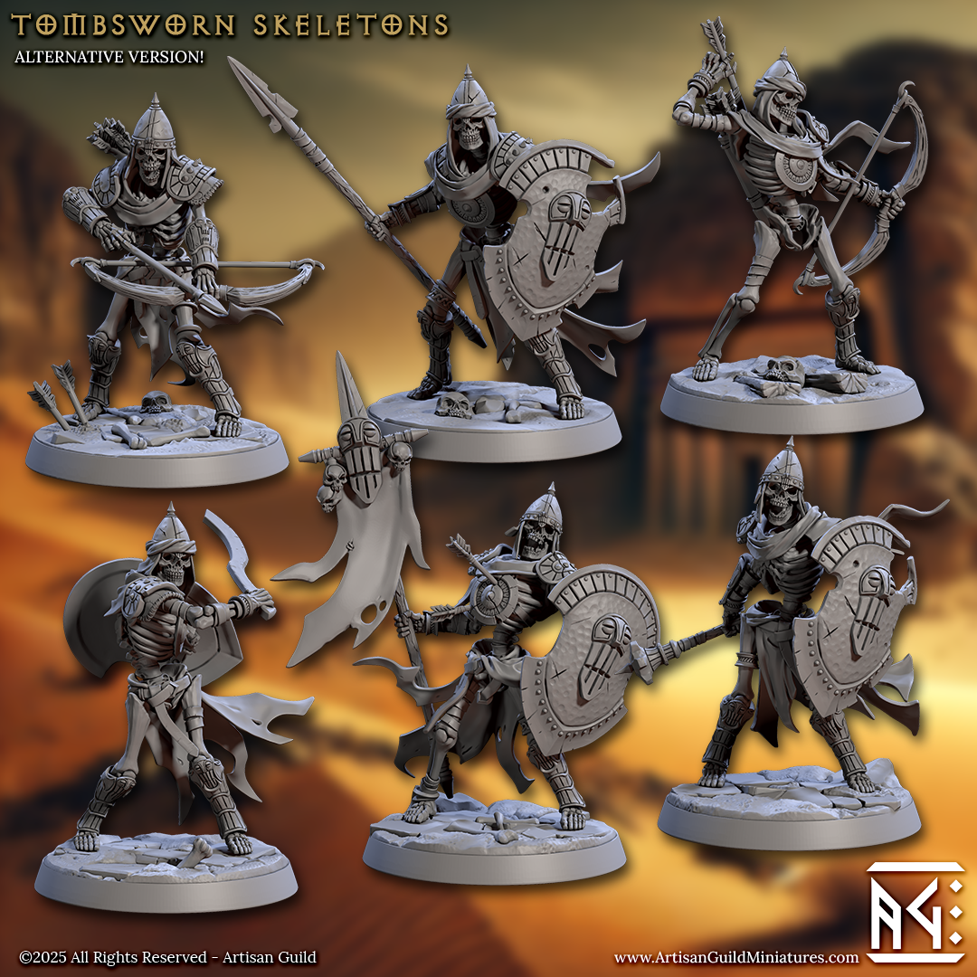  Group of armored Tombsworn Skeletons with helmets and shields, posed with swords, bows, and spears on decorative stone bases.