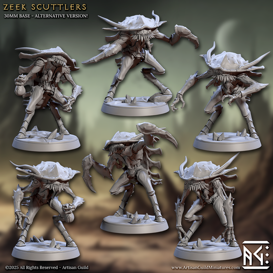 Zeek Scuttlers A–F set featuring alien insectoid warriors with armored shells, claws, and bladed limbs – Artisan Guild monster miniatures for tabletop play.