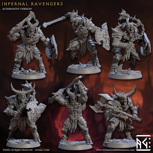 Collage of six Infernal Ravenger miniatures posed for battle, each armed with massive weapons and clad in jagged armor, with expressive snarling faces.